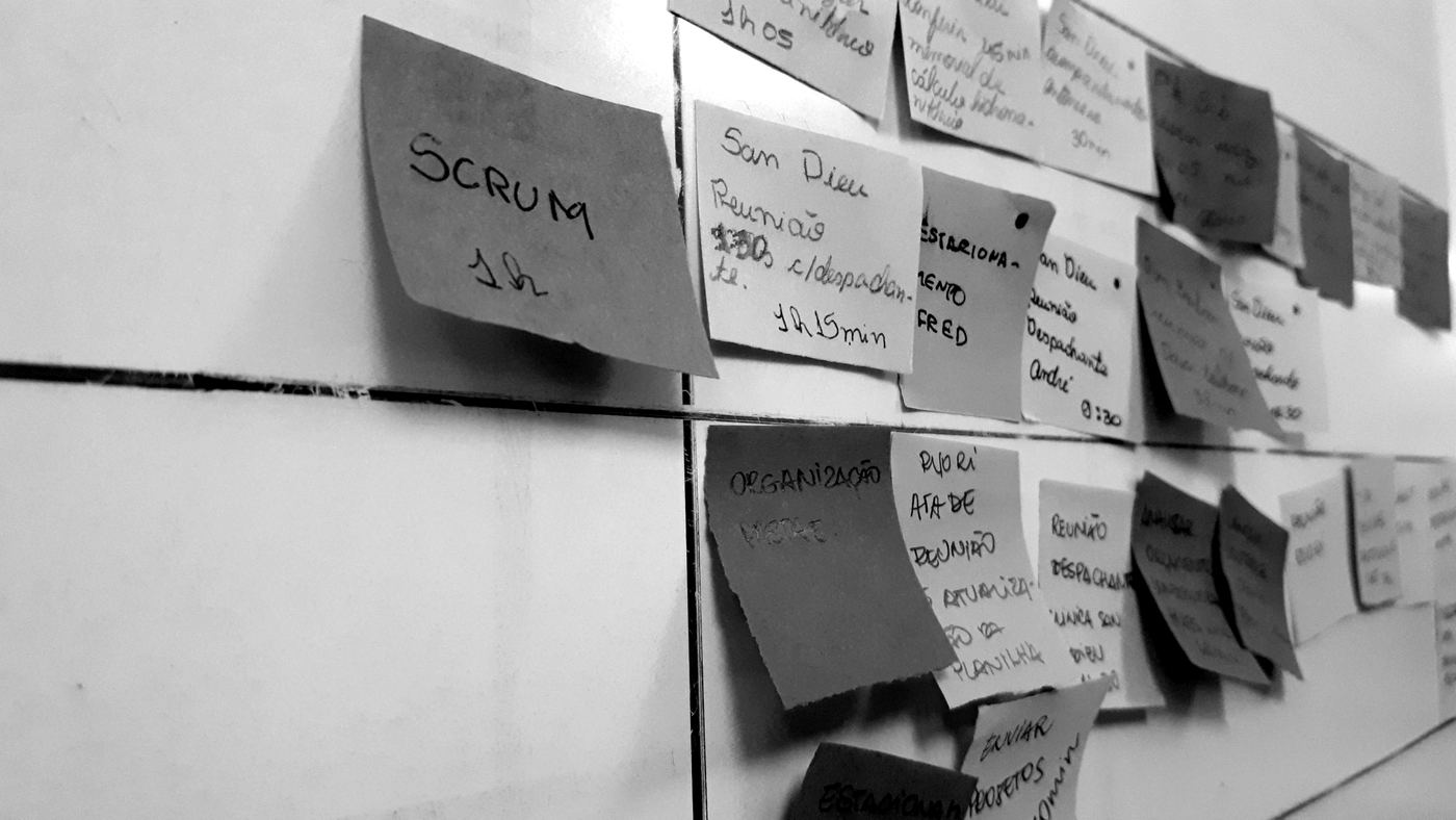 Post-its de tarefas da semana em quadro de Scrum